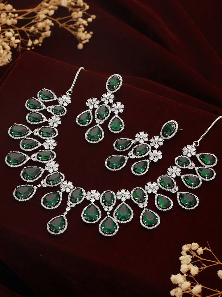 Emerald Floral Drops American Diamond Silver-Plated Jewellery Set