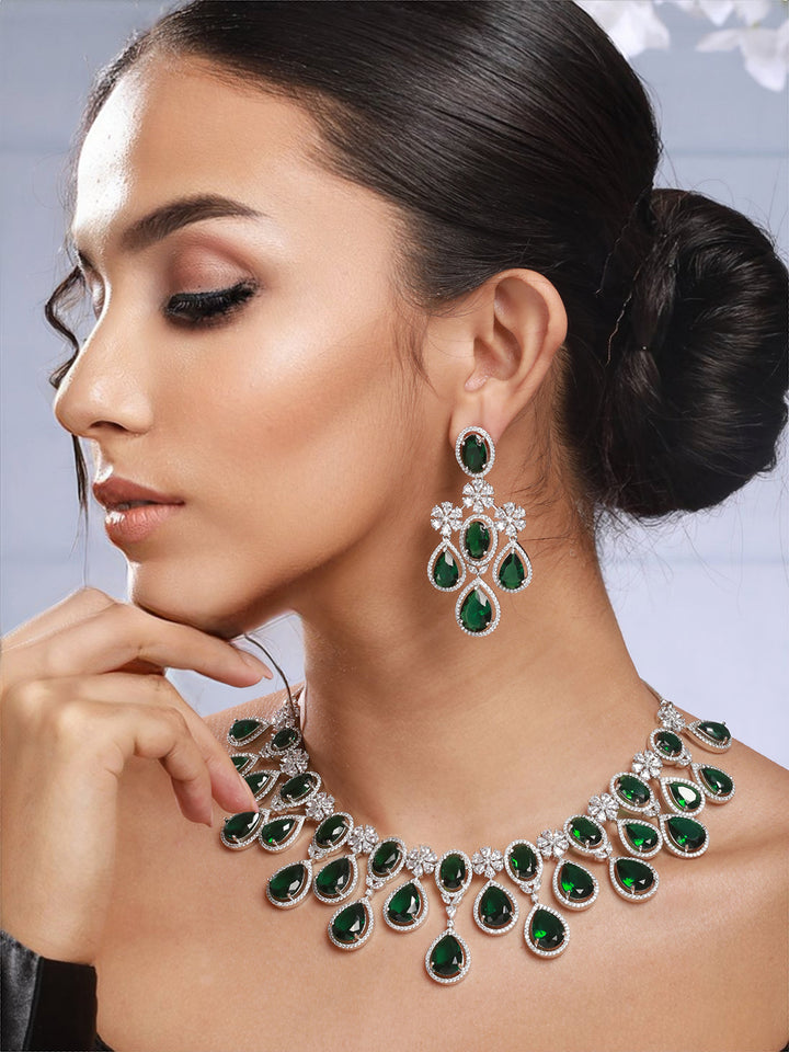Emerald Floral Drops American Diamond Silver-Plated Jewellery Set