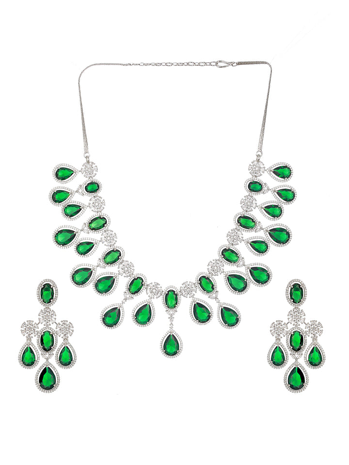 Emerald Floral Drops American Diamond Silver-Plated Jewellery Set