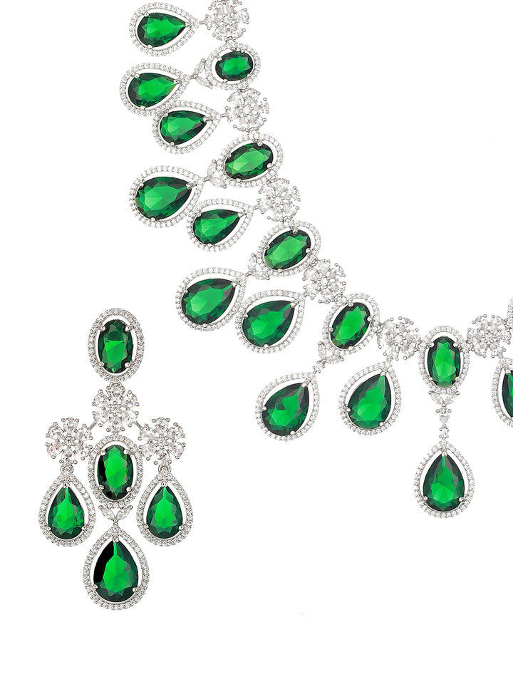 Emerald Floral Drops American Diamond Silver-Plated Jewellery Set