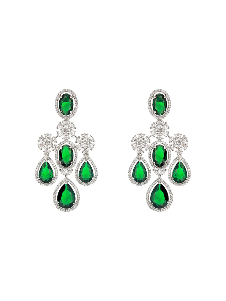 Emerald Floral Drops American Diamond Silver-Plated Jewellery Set