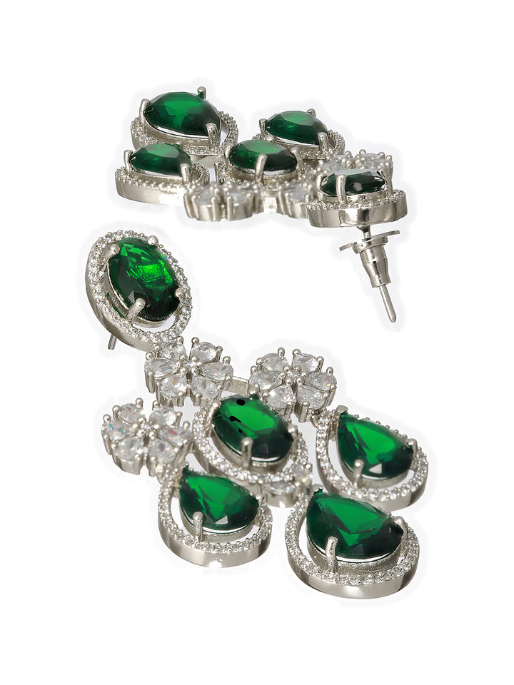 Emerald Floral Drops American Diamond Silver-Plated Jewellery Set