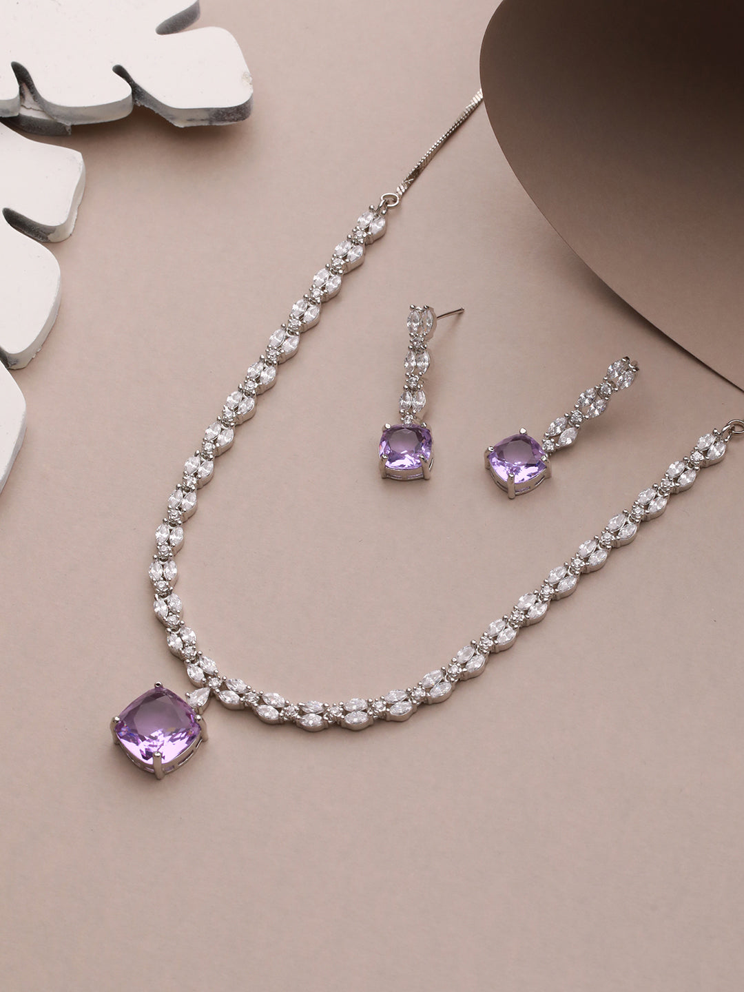 Purple Block Leaves American Diamond Silver-Plated Jewellery Set