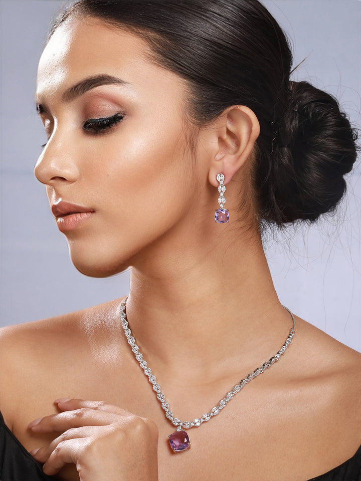 Purple Block Leaves American Diamond Silver-Plated Jewellery Set