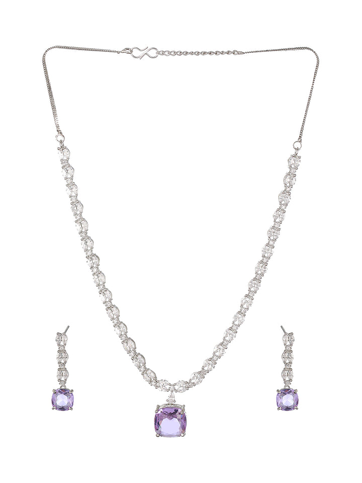 Purple Block Leaves American Diamond Silver-Plated Jewellery Set