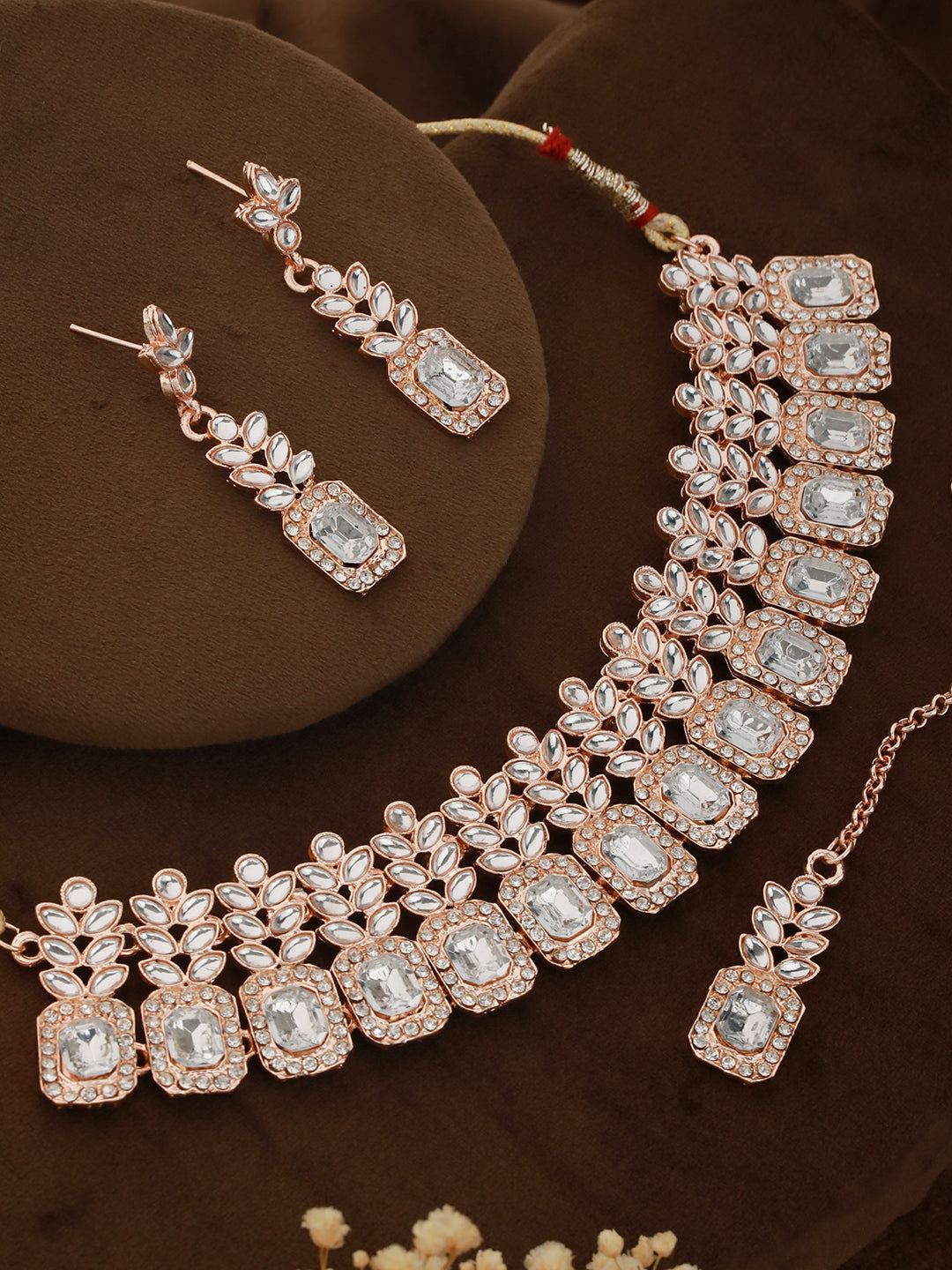 Gold Plated Pink Synthetic Stone Necklace Set With Earrings And Maangtikka