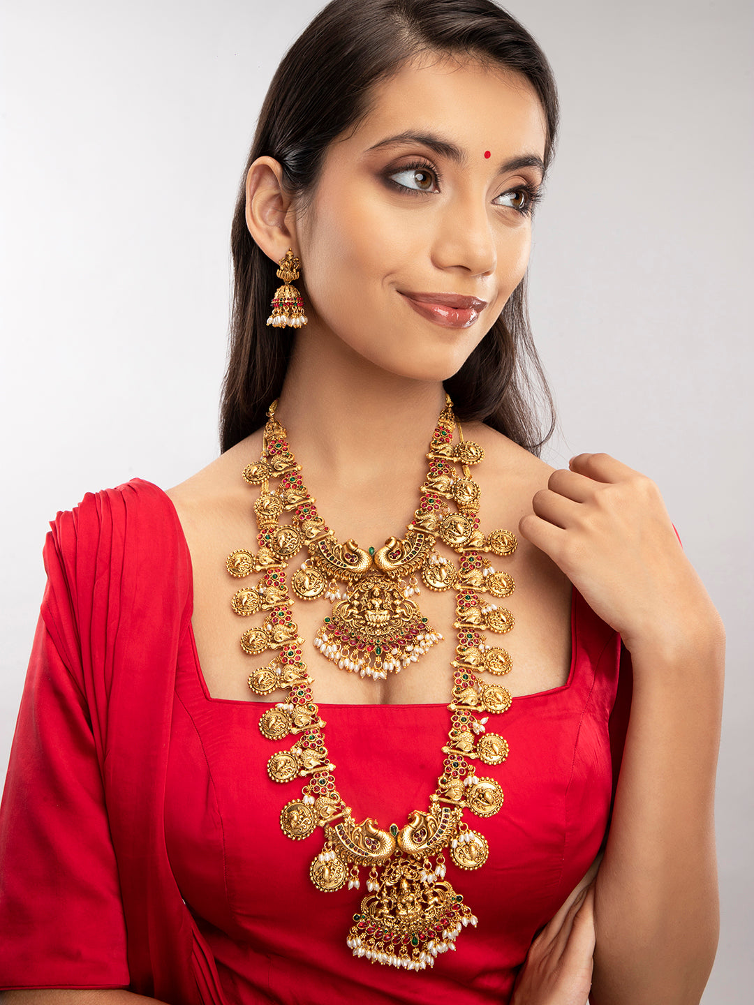 Priyaasi Women Traditional Gold-Polished Real Kemp Goddess Laxmi Jewelley Set