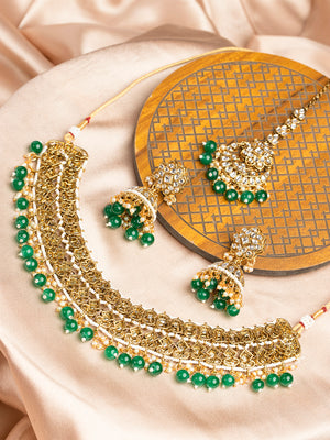 Priyaasi Gold Plated Green Beaded Kundan Jewellery Set with Maangtika