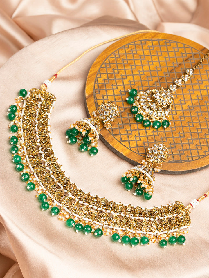 Priyaasi Gold Plated Green Beaded Kundan Jewellery Set with Maangtika