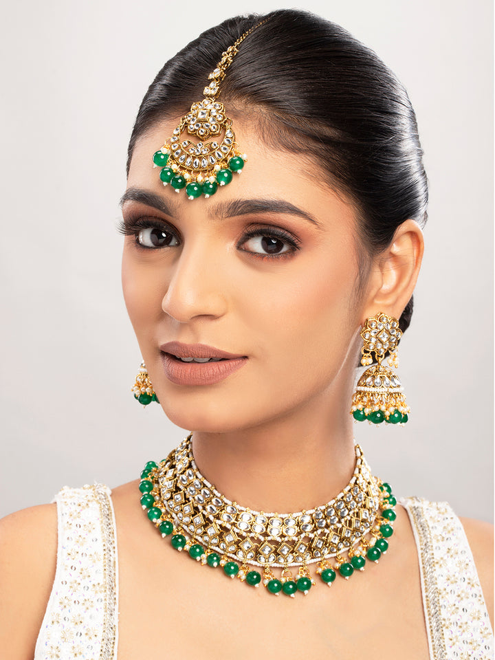 Priyaasi Gold Plated Green Beaded Kundan Jewellery Set with Maangtika