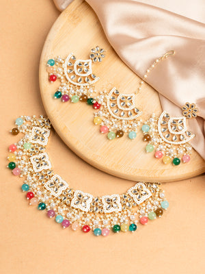 Priyaasi Multi Coloured Gold Plated Kundan Floral Jewellery Set with Maangtika