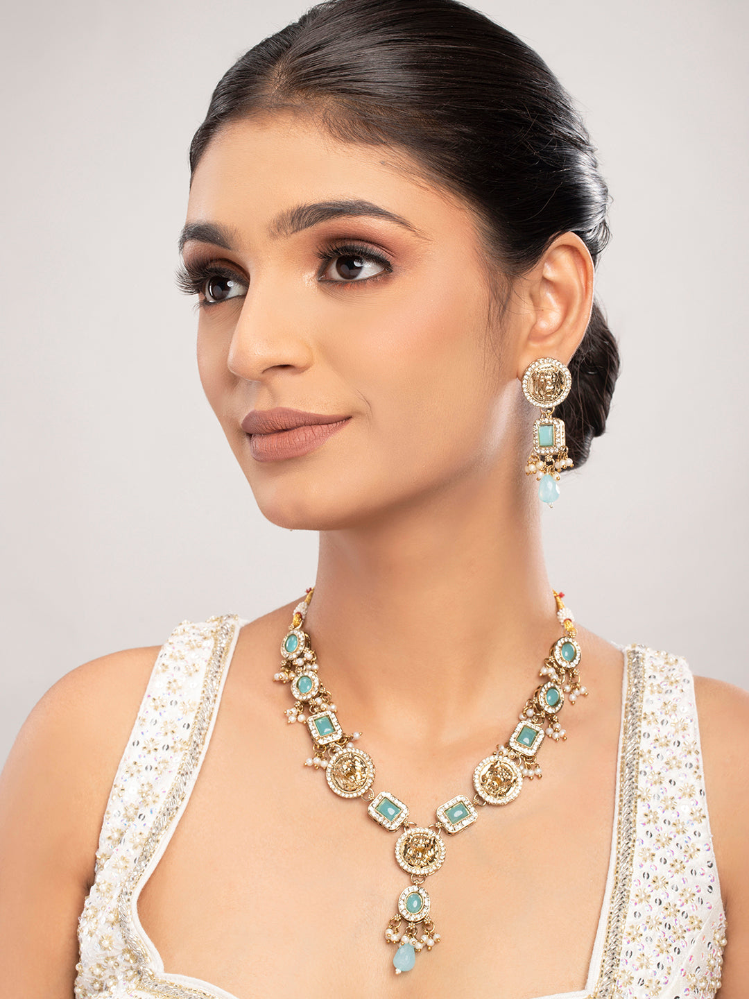 Priyaasi Sky Blue Stone Studded Gold Plated Jewellery Set