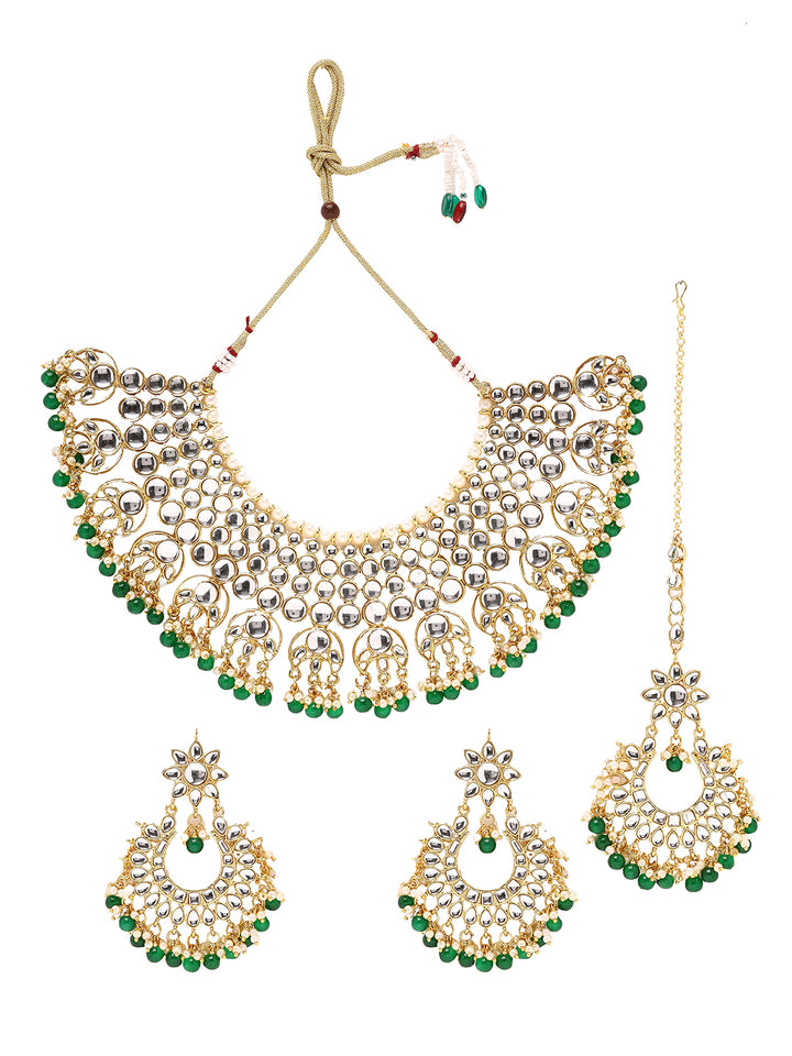 Priyaasi Glimmering Kundan Elegance and Green Stones Jewellery Set with Maangtika