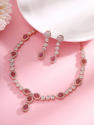 Priyaasi Dazzling Rose Gold-Plated American Diamond and Ruby Jewelry Set
