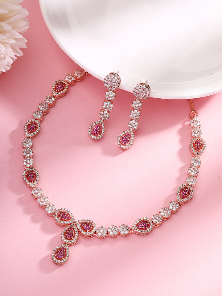 Priyaasi Dazzling Rose Gold-Plated American Diamond and Ruby Jewelry Set