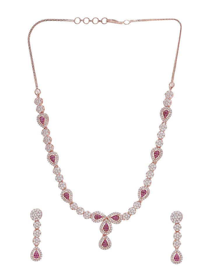 Priyaasi Dazzling Rose Gold-Plated American Diamond and Ruby Jewelry Set