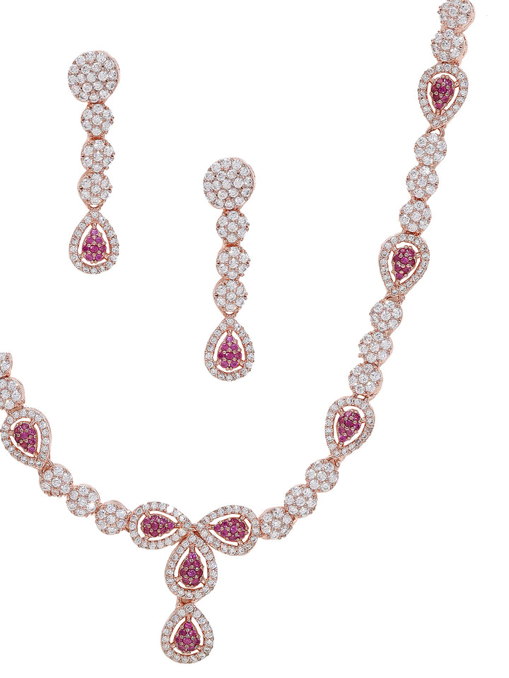 Priyaasi Dazzling Rose Gold-Plated American Diamond and Ruby Jewelry Set
