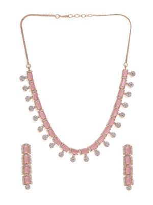 Priyaasi Rose Gold Plated Jewelry Set with American Diamond and Pink Stone Accents