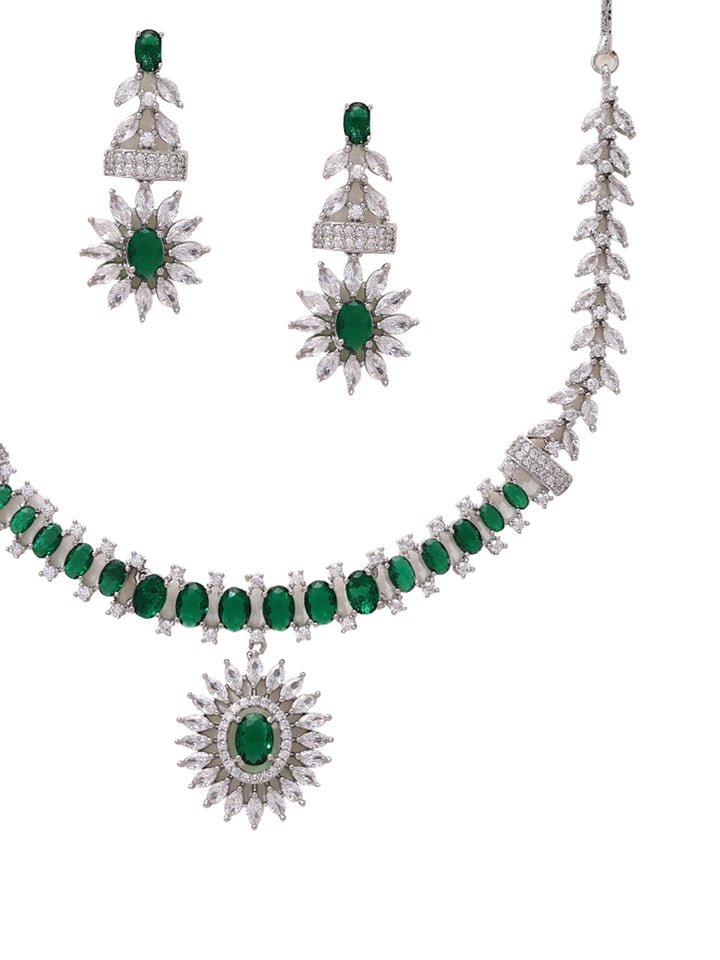 Priyaasi Elegant Harmony with American Diamonds and Green Stones with Silver Plating Jewellery Set
