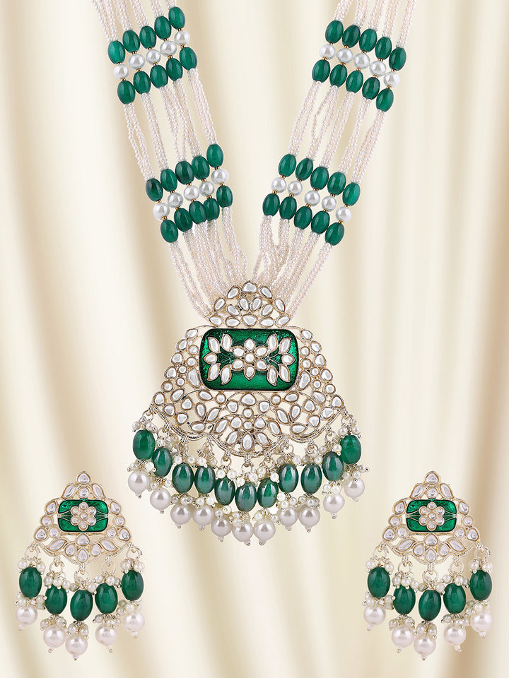 Priyaasi Green Beads Pearl Moti Kundan Jewellery Set