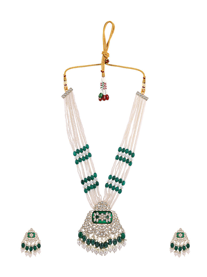 Priyaasi Green Beads Pearl Moti Kundan Jewellery Set