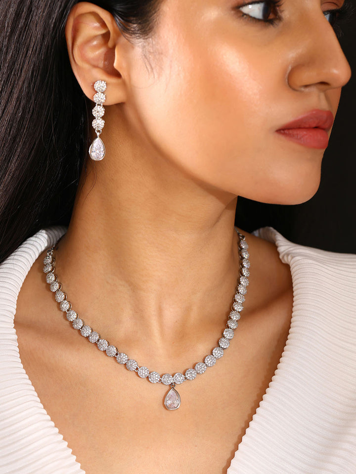 Priyaasi Flower AD Design Silver Plated Transparent stone Pendant Necklace with fancy drop floral earrings Jewellery Set