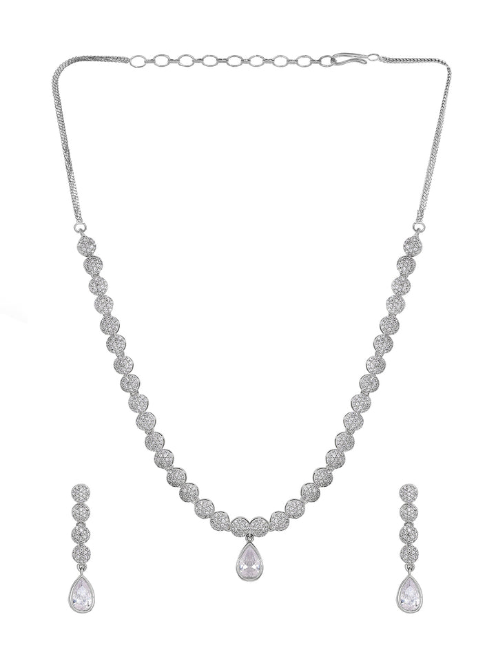 Priyaasi Flower AD Design Silver Plated Transparent stone Pendant Necklace with fancy drop floral earrings Jewellery Set