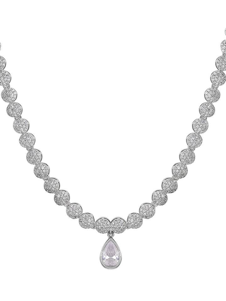Priyaasi Flower AD Design Silver Plated Transparent stone Pendant Necklace with fancy drop floral earrings Jewellery Set