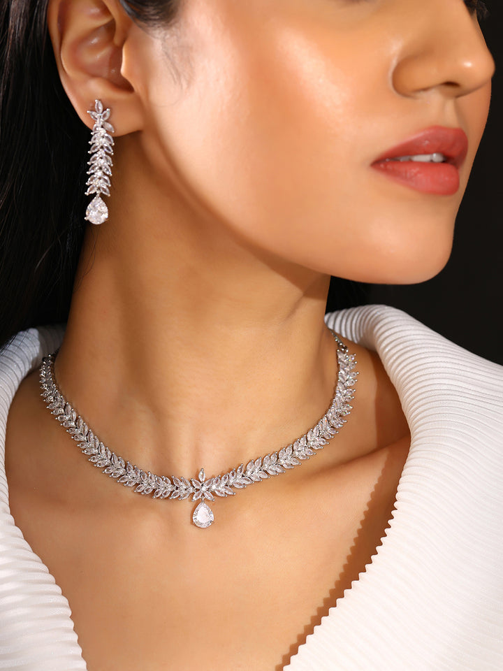 Priyaasi Flower AD Fathom Design Necklace with Drop Floral Earrings Jewwellery Set