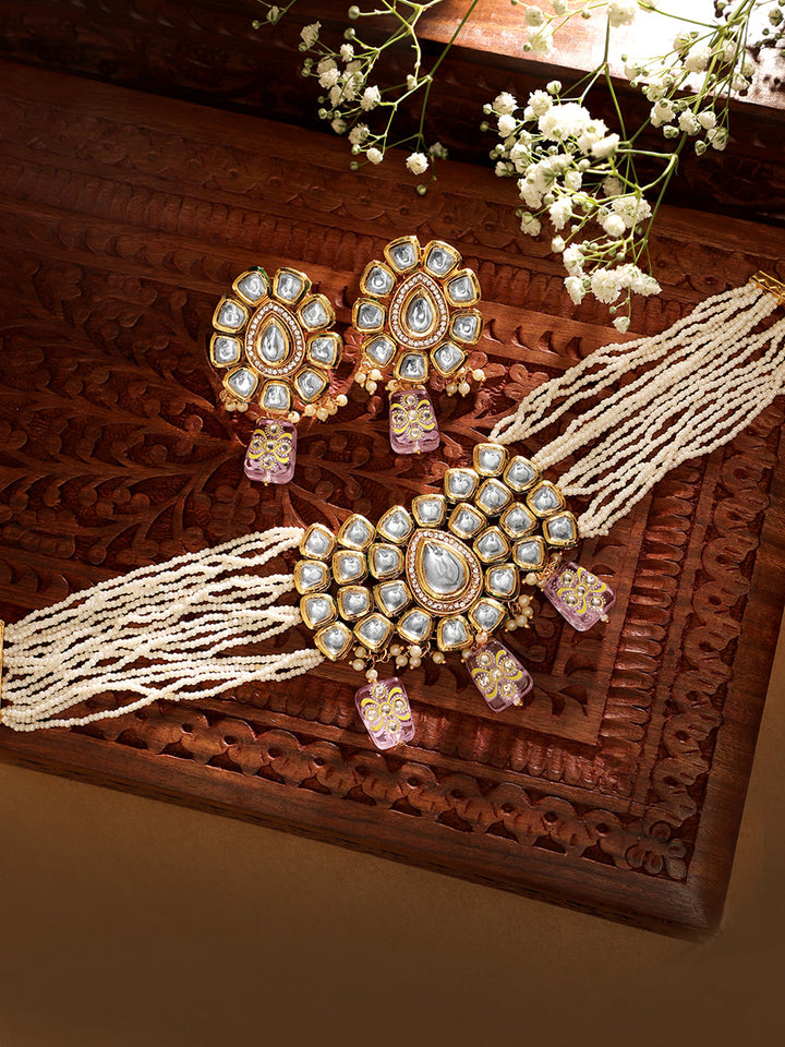 Priyaasi Fresh Water Pearl Kundan Lavender Beads Necklace with Kundan Earrings Gold Plated Jewellery Set