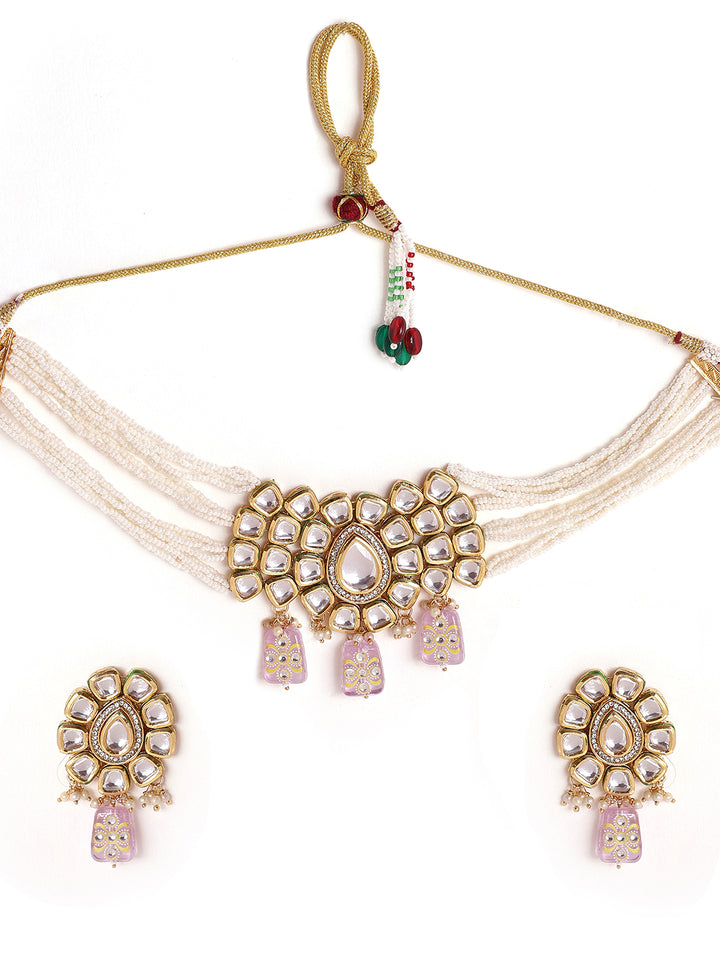 Priyaasi Fresh Water Pearl Kundan Lavender Beads Necklace with Kundan Earrings Gold Plated Jewellery Set
