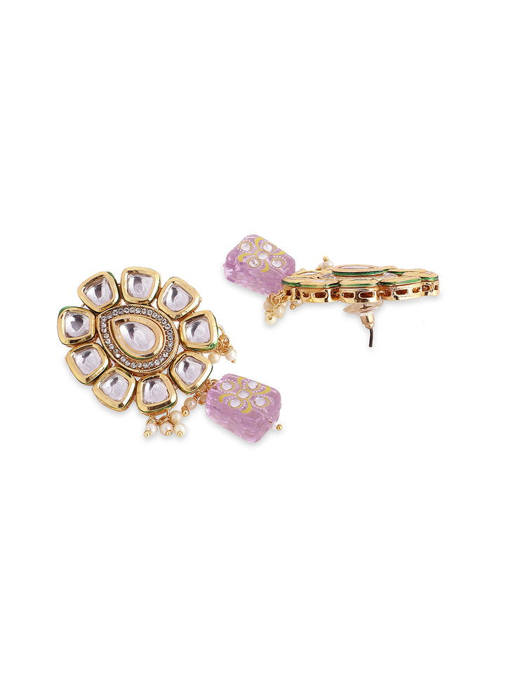 Priyaasi Fresh Water Pearl Kundan Lavender Beads Necklace with Kundan Earrings Gold Plated Jewellery Set