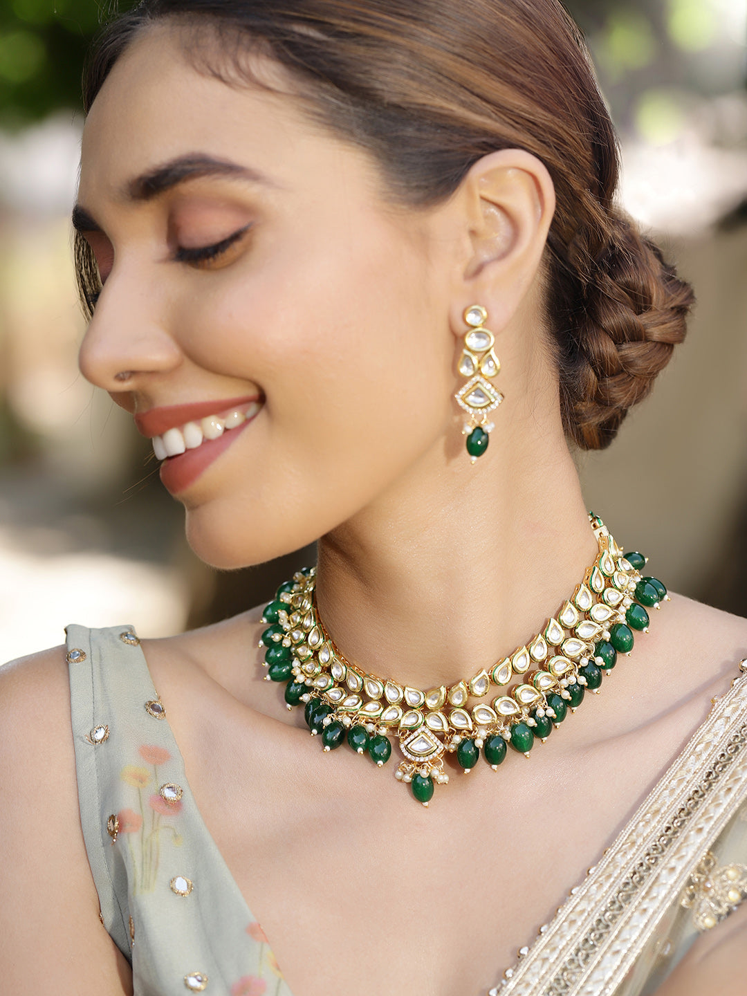Priyaasi Leaf Design Green Beads Kundan necklace with kundan earrings gold  plated Jewellery Set