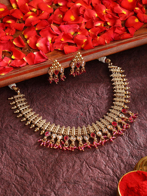 Gold Ruby Stoned Beads Geometric Pattern Necklace Gold Plated with Mini Earrings Jewellery Set