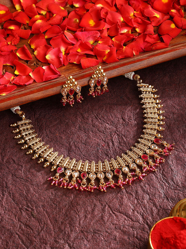 Gold Ruby Stoned Beads Geometric Pattern Necklace Gold Plated with Mini Earrings Jewellery Set