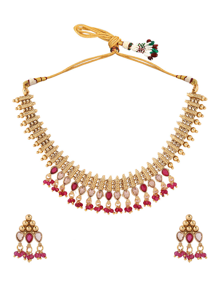 Gold Ruby Stoned Beads Geometric Pattern Necklace Gold Plated with Mini Earrings Jewellery Set
