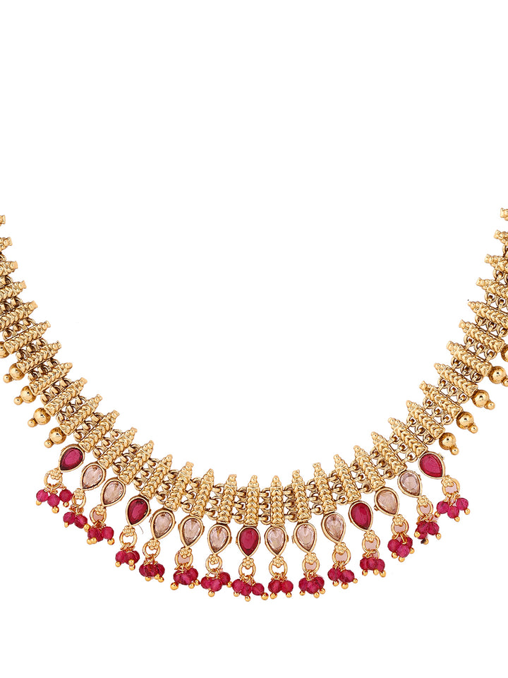 Gold Ruby Stoned Beads Geometric Pattern Necklace Gold Plated with Mini Earrings Jewellery Set