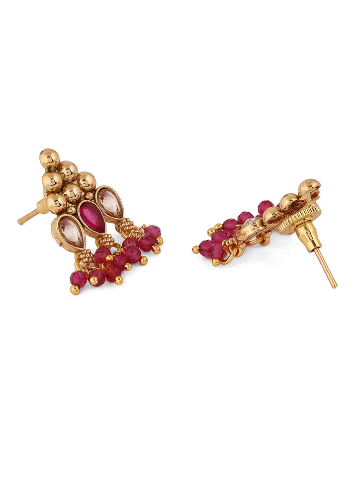 Gold Ruby Stoned Beads Geometric Pattern Necklace Gold Plated with Mini Earrings Jewellery Set