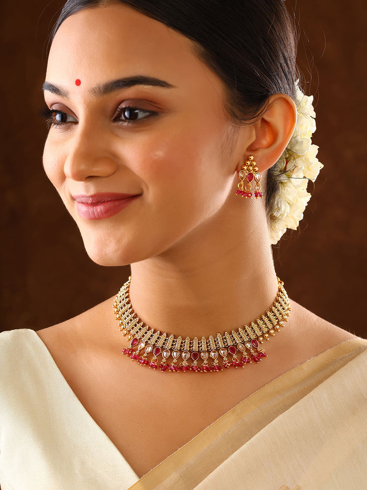 Gold Ruby Stoned Beads Geometric Pattern Necklace Gold Plated with Mini Earrings Jewellery Set