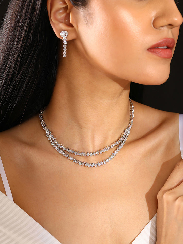 Priyaasi Statement Two layered Silver Plating Fancy Necklace with Geometrical Patern Drop Earrings Jewellery Set