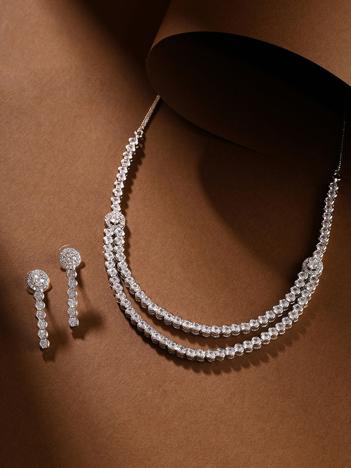 Priyaasi Statement Two layered Silver Plating Fancy Necklace with Geometrical Patern Drop Earrings Jewellery Set