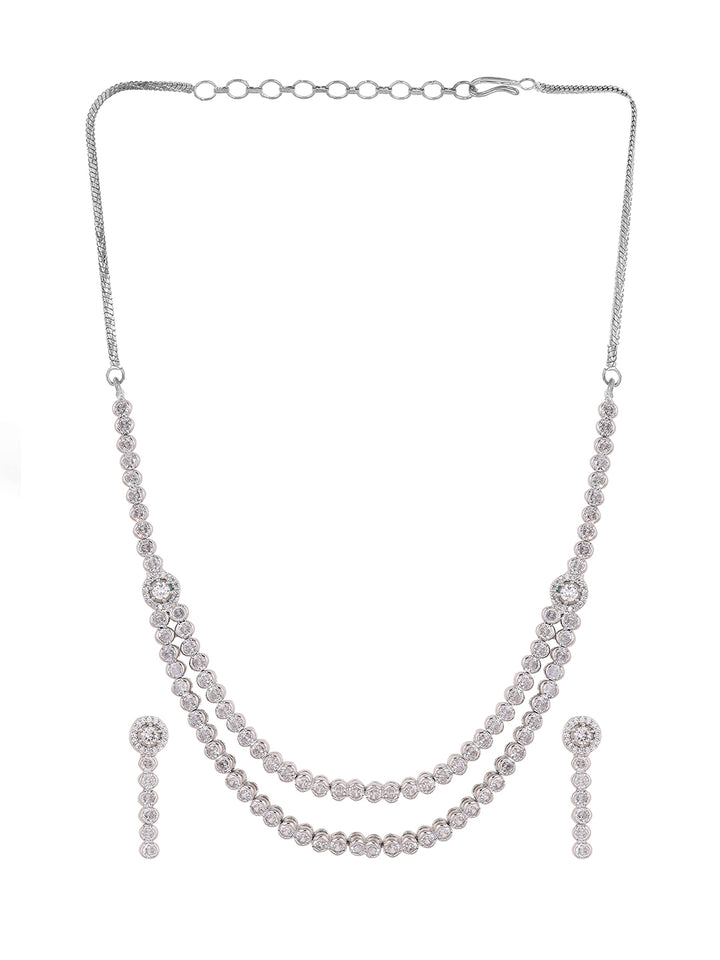 Priyaasi Statement Two layered Silver Plating Fancy Necklace with Geometrical Patern Drop Earrings Jewellery Set