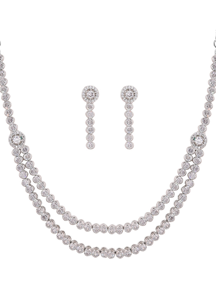 Priyaasi Statement Two layered Silver Plating Fancy Necklace with Geometrical Patern Drop Earrings Jewellery Set