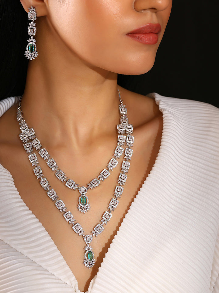 Priyaasi Mint Stone AD Elegance Two Layered Floral Necklace with Elegant Drop Earrings Jewellery Set