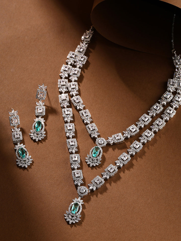 Priyaasi Mint Stone AD Elegance Two Layered Floral Necklace with Elegant Drop Earrings Jewellery Set