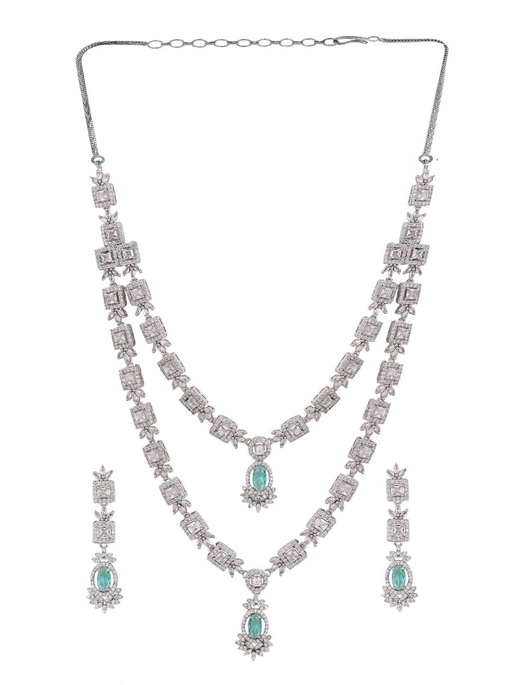 Priyaasi Mint Stone AD Elegance Two Layered Floral Necklace with Elegant Drop Earrings Jewellery Set