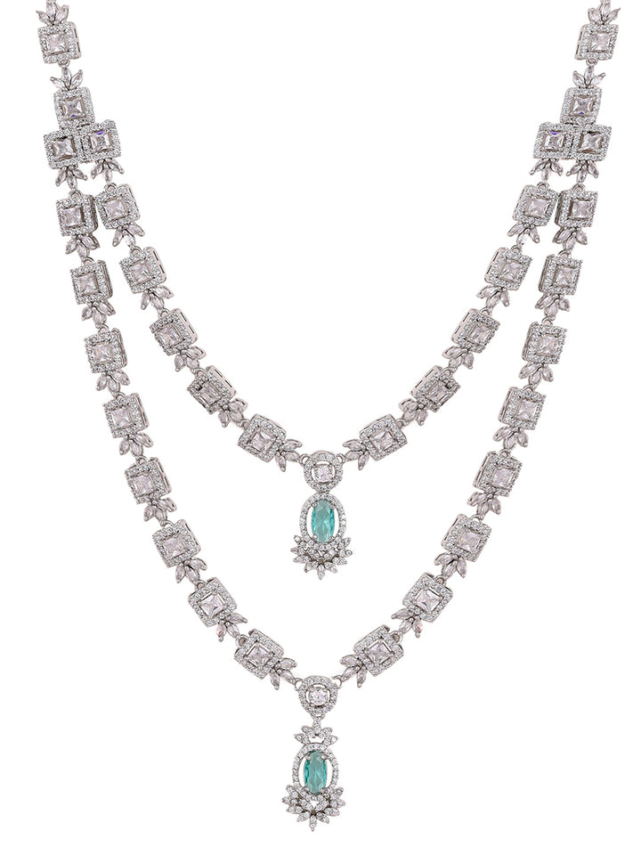 Priyaasi Mint Stone AD Elegance Two Layered Floral Necklace with Elegant Drop Earrings Jewellery Set