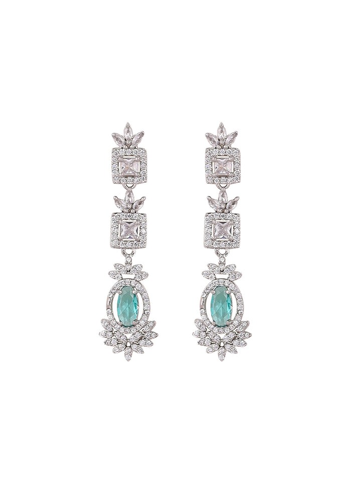 Priyaasi Mint Stone AD Elegance Two Layered Floral Necklace with Elegant Drop Earrings Jewellery Set