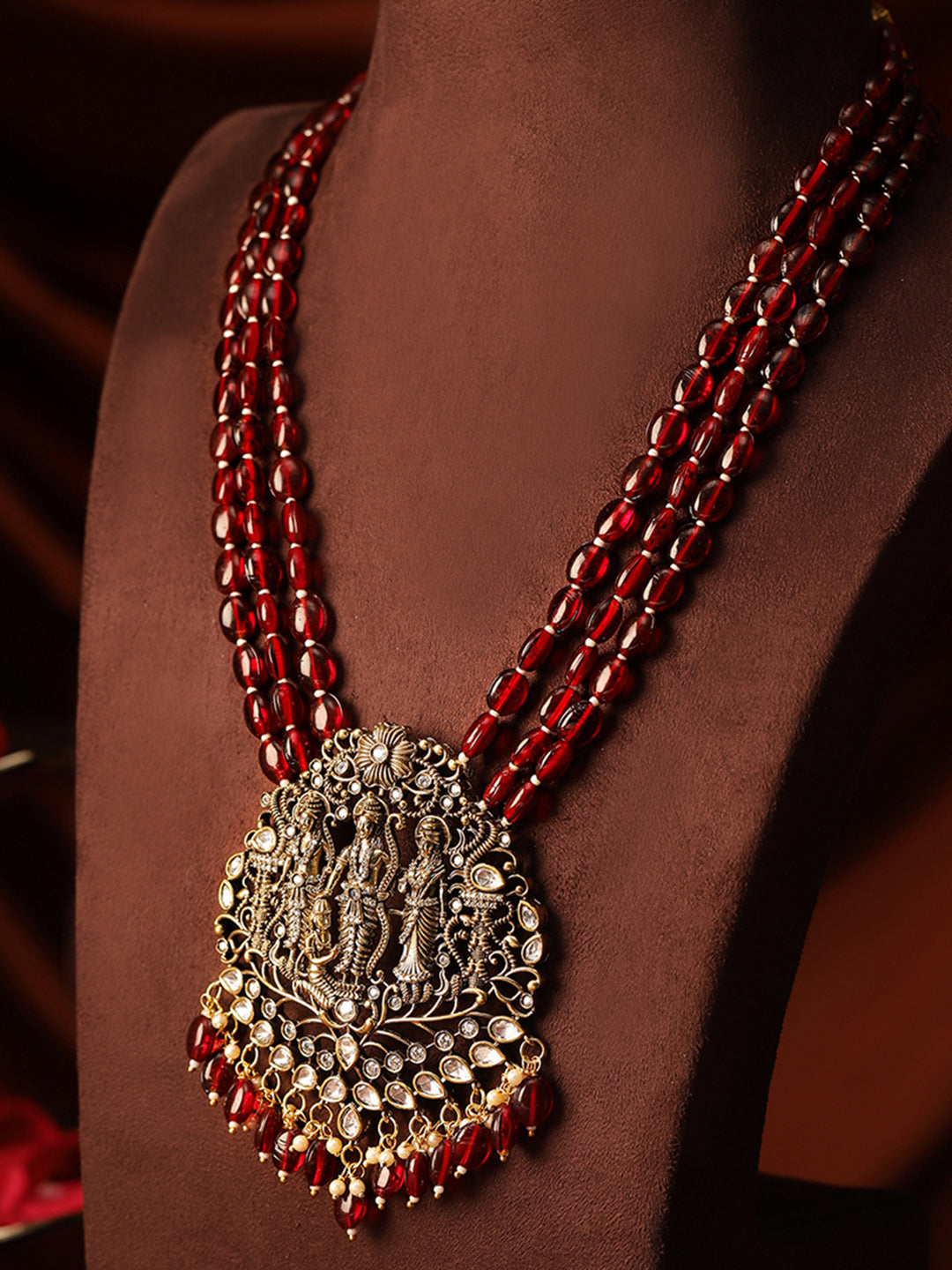 God Exquisite Gold Plated American Diamonds Maroon Beaded Necklace