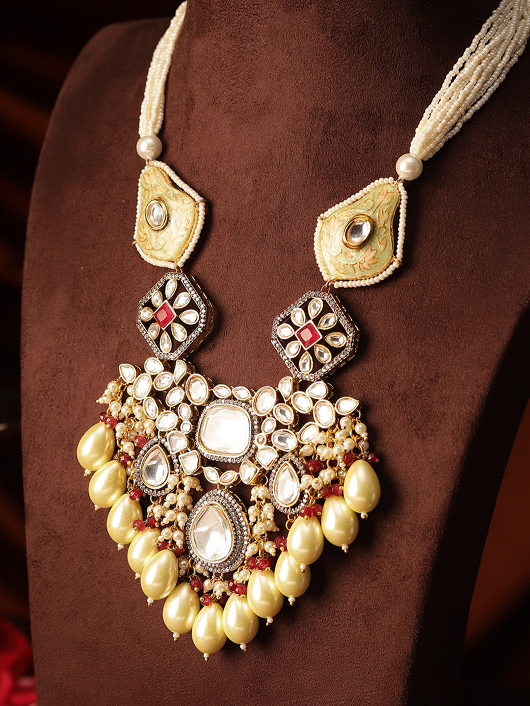 Yellow Meenakari Beads White Stones Polki Elegance Necklace with
